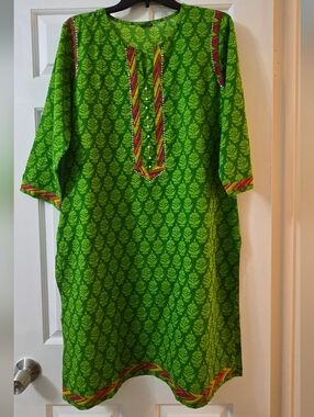 Green Cotton Kurti Tunic XXL 44 Bust Ethnic Boho